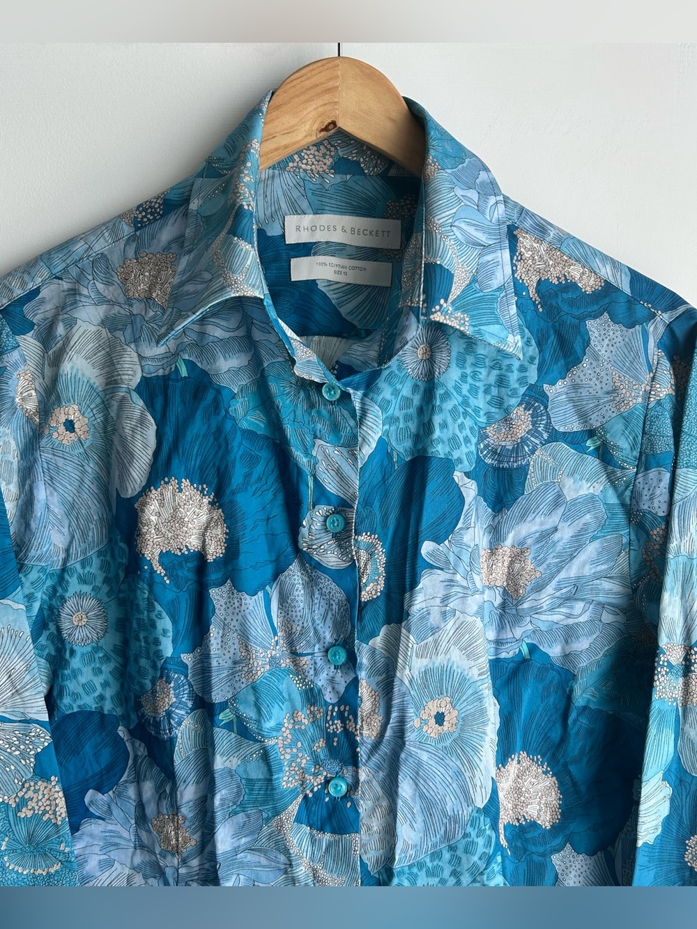Egyptian Cotton, Teal Blue Floral Button-Down Shirt, Women, Size US 10